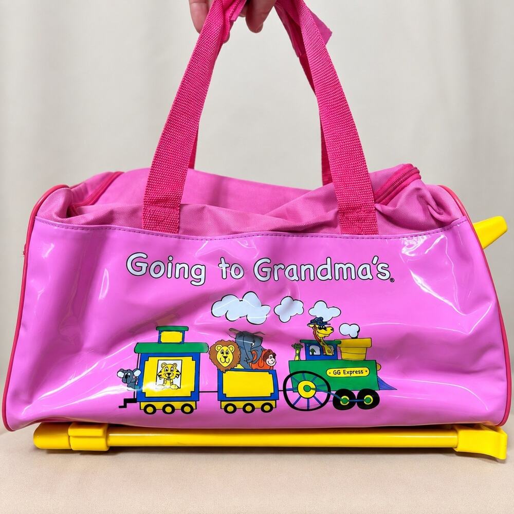 Going to Grandma’s Kids Rolling Suitcase Pink Yellow Train Animals Travel Bag